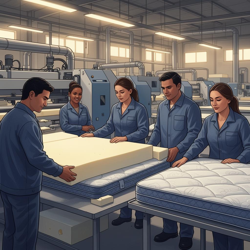 Equipo de MasRelax fabricando colchones en la planta de CDMX